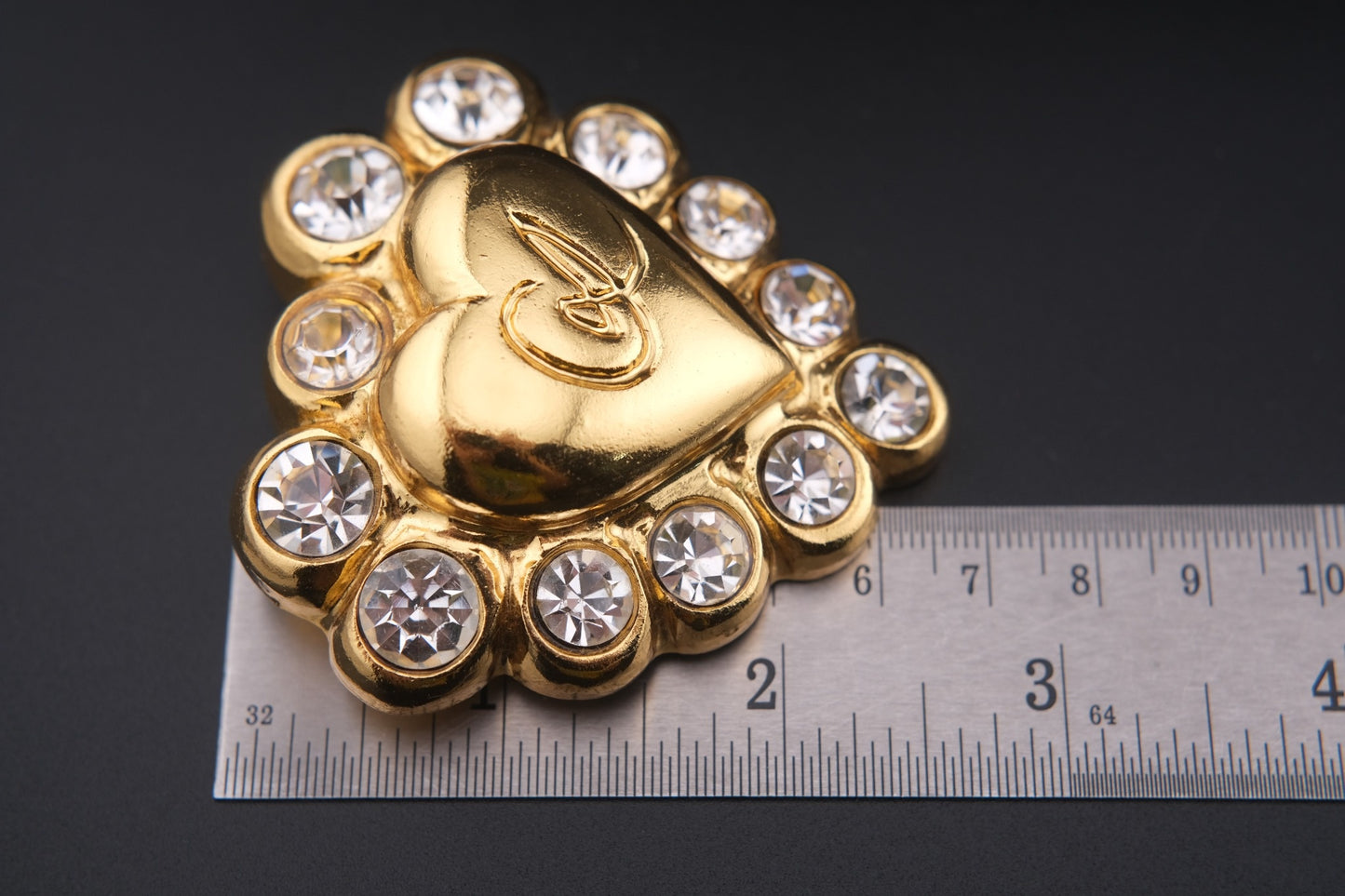 Vintage Christian Lacroix Gilt Heart Brooch with Crystal Accents – Made in France