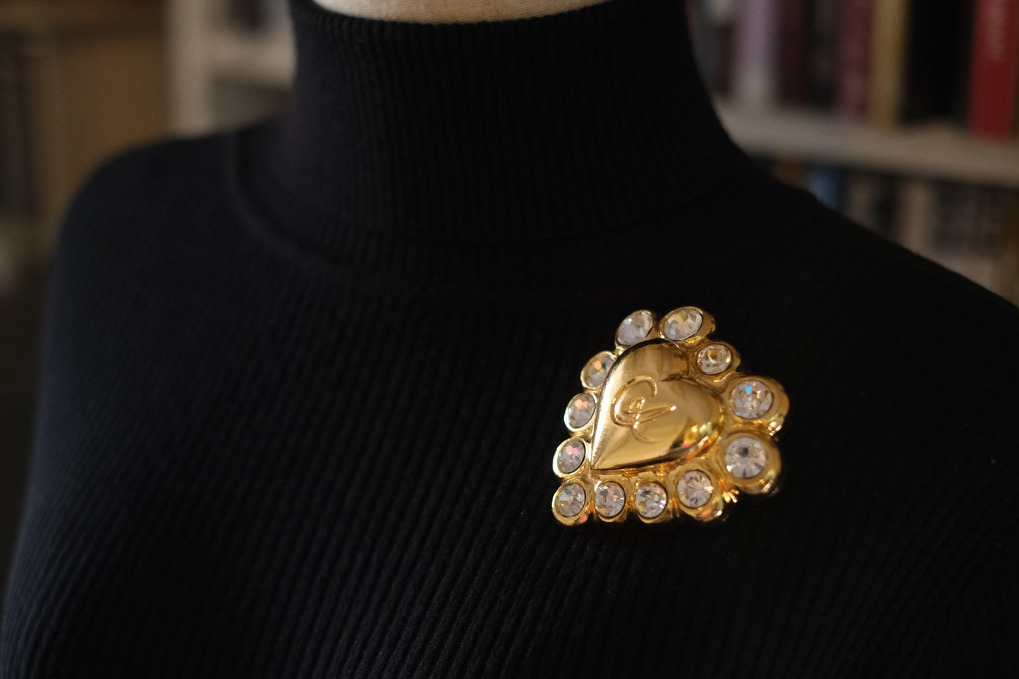 Vintage Christian Lacroix Gilt Heart Brooch with Crystal Accents – Made in France