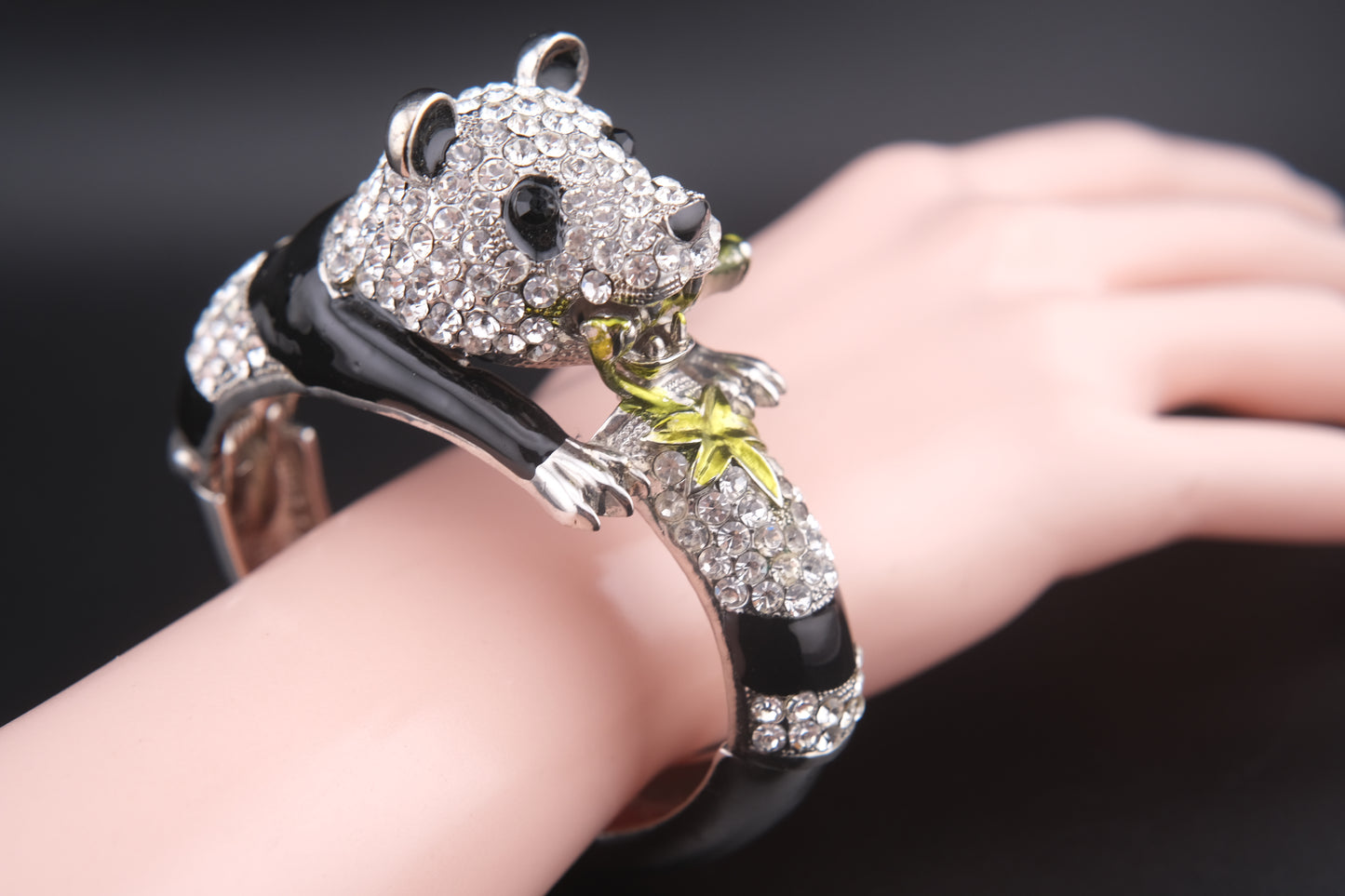 Vintage Rhinestone Panda Bracelet – Enamel Crystal Animal Bangle with Bamboo – Whimsical Avant Garde Jewelry