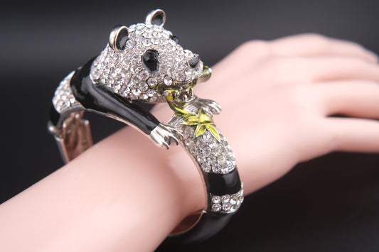 Vintage Rhinestone Panda Bracelet – Enamel Crystal Animal Bangle with Bamboo – Whimsical Avant Garde Jewelry