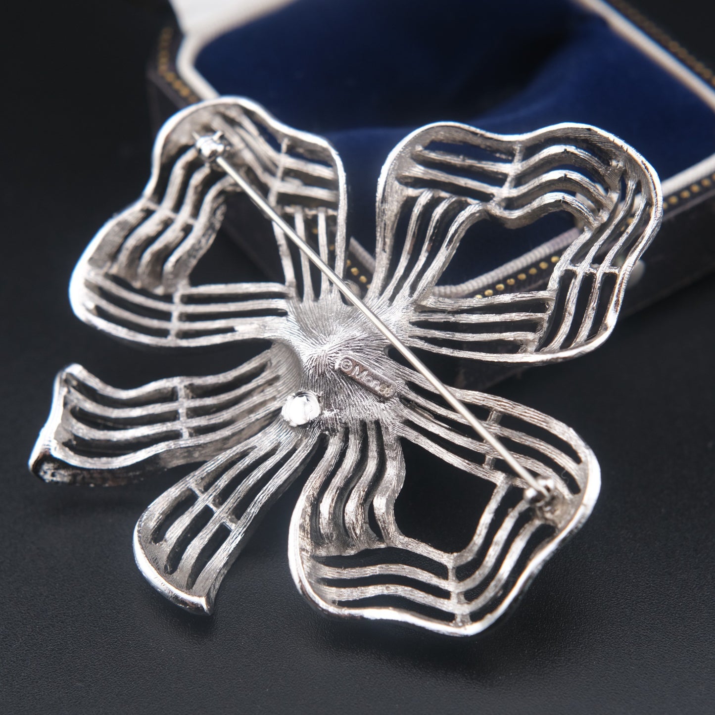 Vintage Monet Ribbon Bow Brooch – Silver-Tone Textured Finish