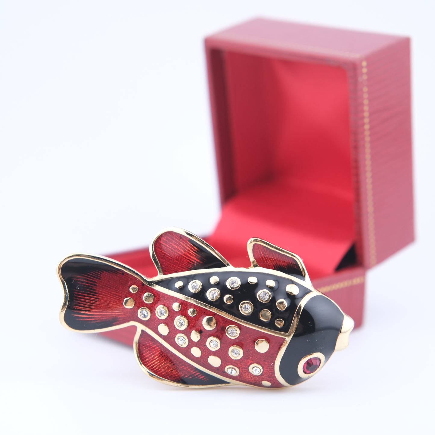 Henkel & Grosse Fish Brooch – Red & Black Enamel with Rhinestone Accents