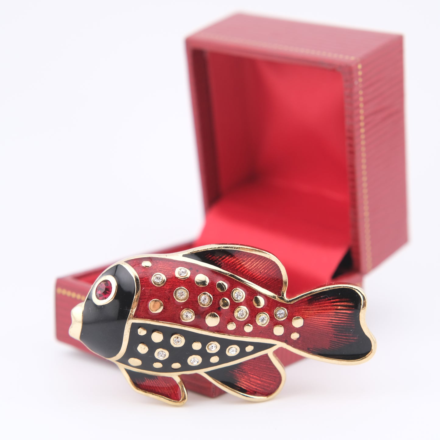 Henkel & Grosse Fish Brooch – Red & Black Enamel with Rhinestone Accents