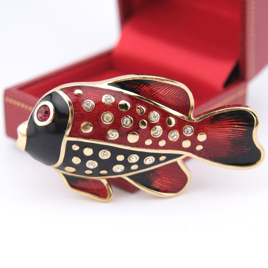 Henkel & Grosse Fish Brooch – Red & Black Enamel with Rhinestone Accents