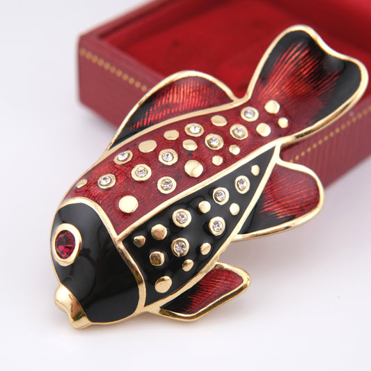 Henkel & Grosse Fish Brooch – Red & Black Enamel with Rhinestone Accents
