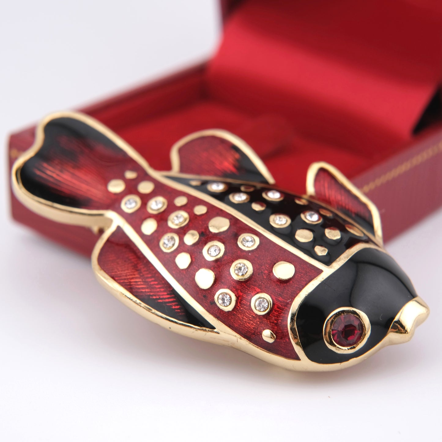Henkel & Grosse Fish Brooch – Red & Black Enamel with Rhinestone Accents