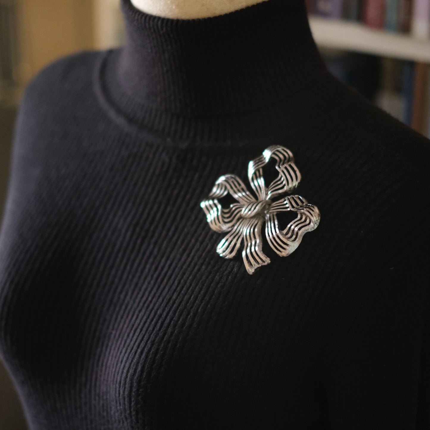 Vintage Monet Ribbon Bow Brooch – Silver-Tone Textured Finish