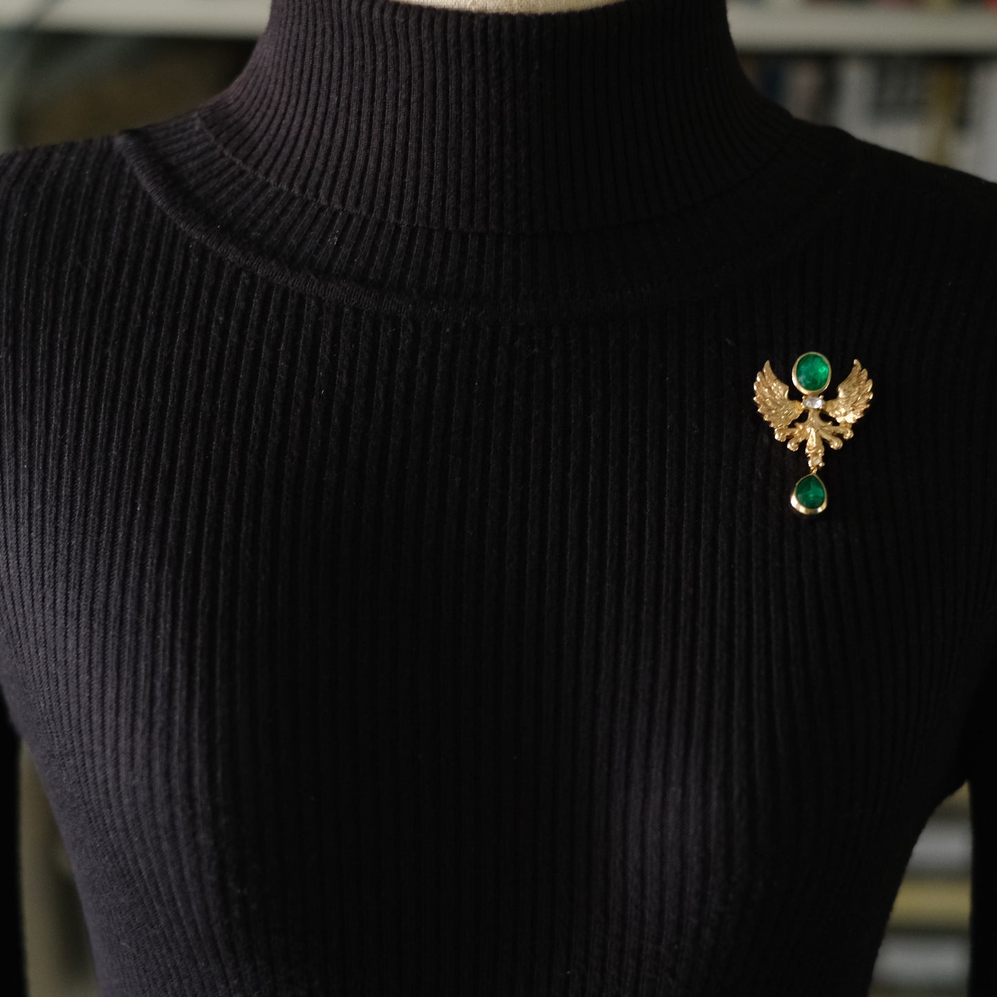 ❤️ Vintage Grossé Germany Gold Tone Phoenix Brooch with Green Glass Drops