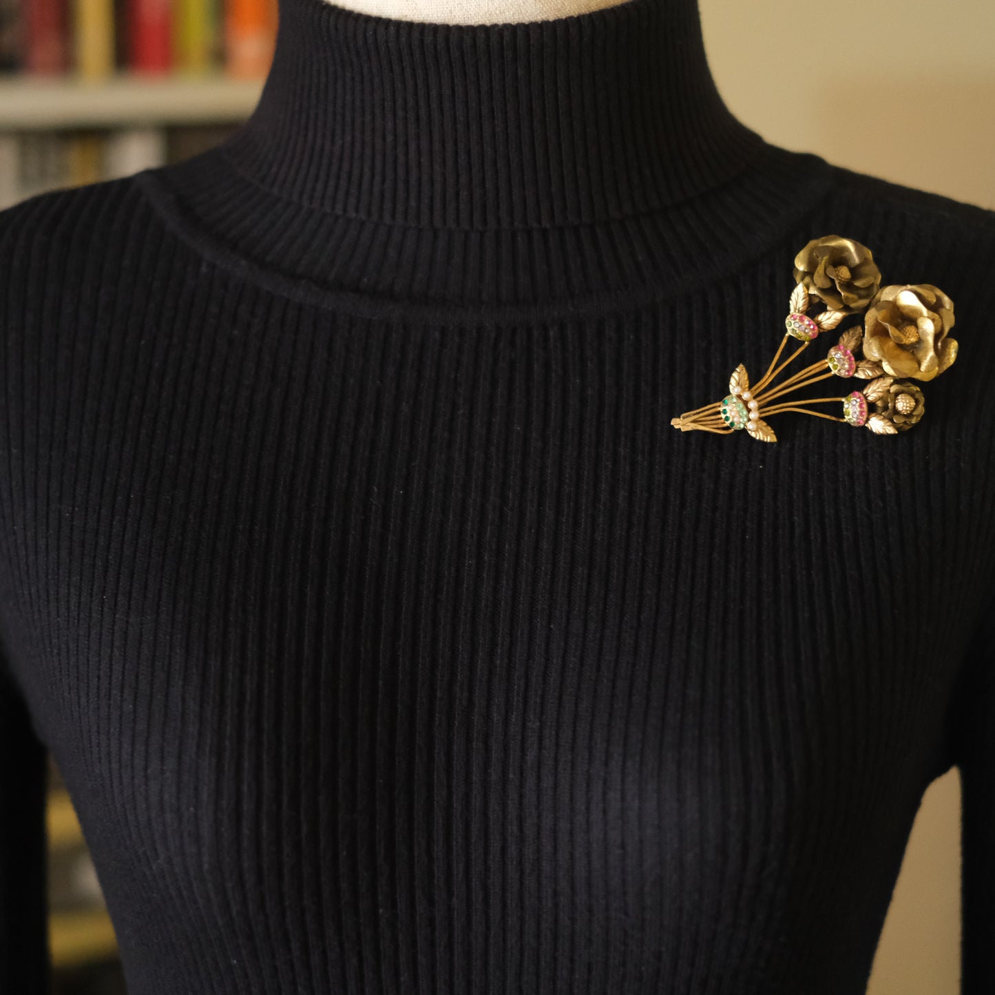 Vintage Brass Floral Bouquet Brooch with Rhinestones & Faux Pearls – 3"