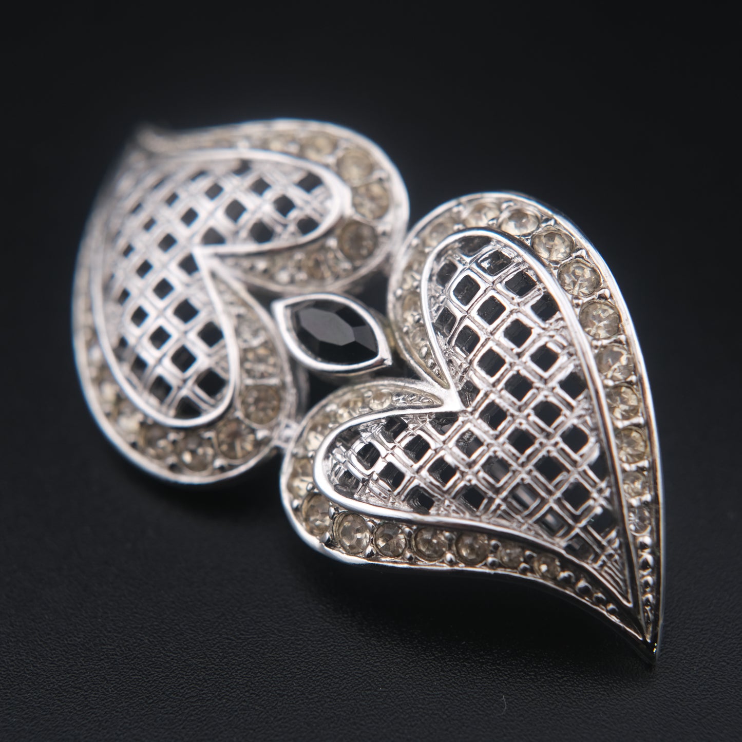 Romantic Vintage Nina Ricci Brooch with Double Heart Design and Crystal Inlay
