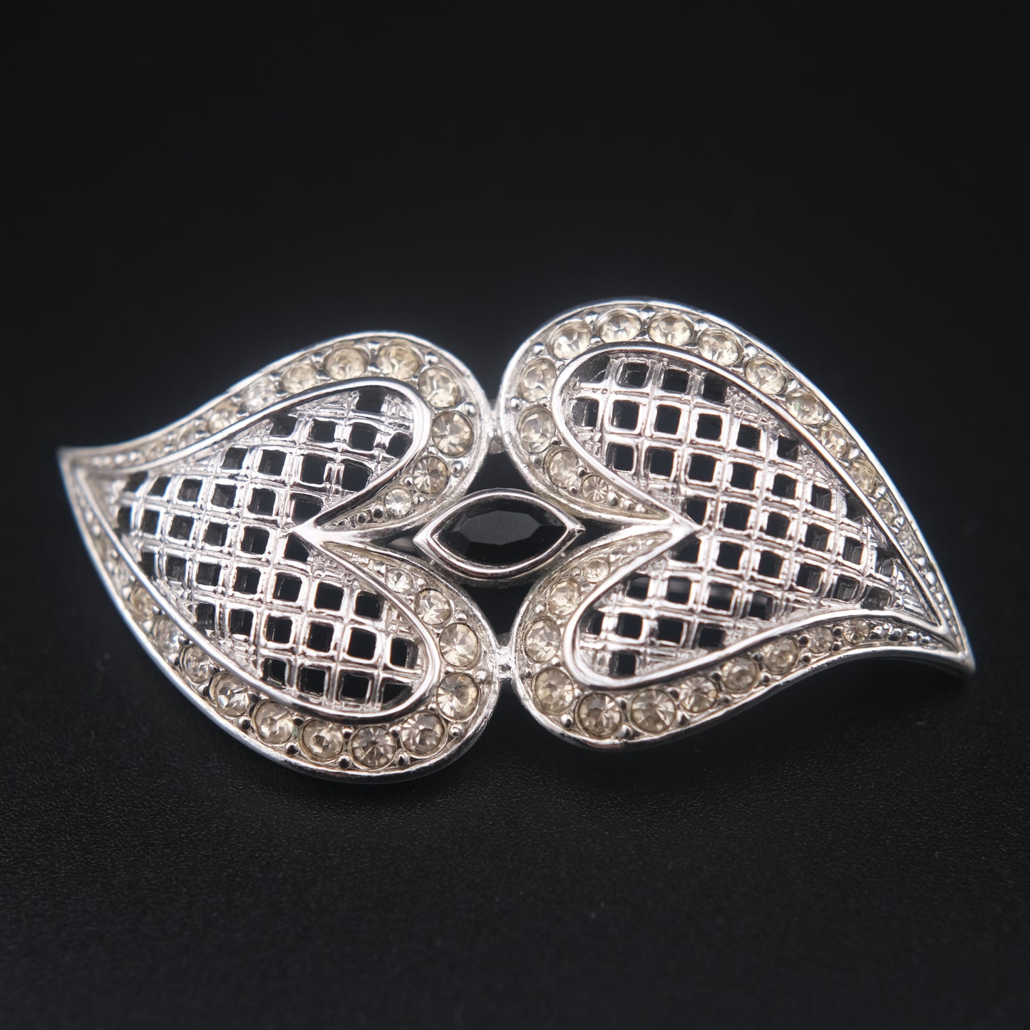 Romantic Vintage Nina Ricci Brooch with Double Heart Design and Crystal Inlay