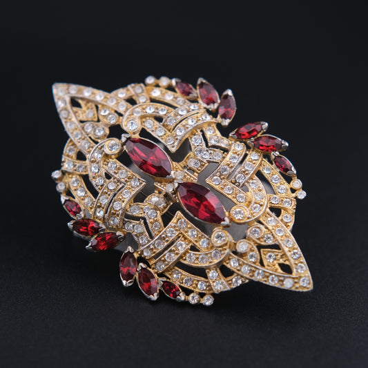 ❤️ Vintage Art Deco Style Rhinestone Brooch Gold Tone Red Marquise Crystal Statement Pin