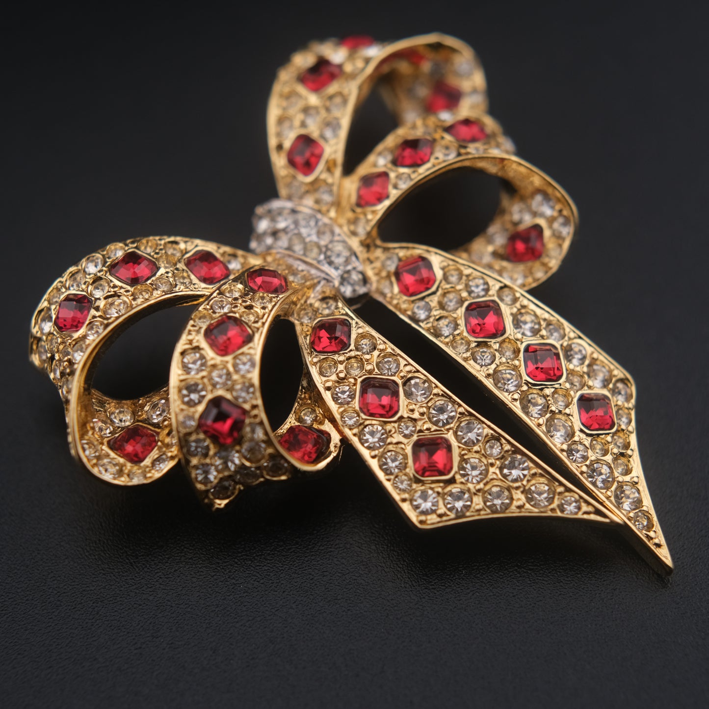 Nina Ricci Bow Brooch – Gold-Tone with Red and Clear Crystals