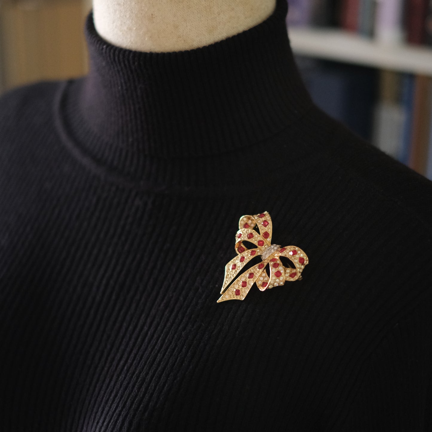 Nina Ricci Bow Brooch – Gold-Tone with Red and Clear Crystals