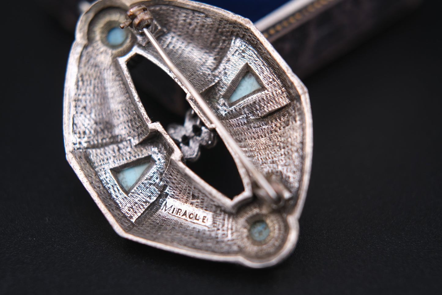 Vintage Miracle Celtic Brooch Faux Turquoise Lozenge Shape 1960s Signed