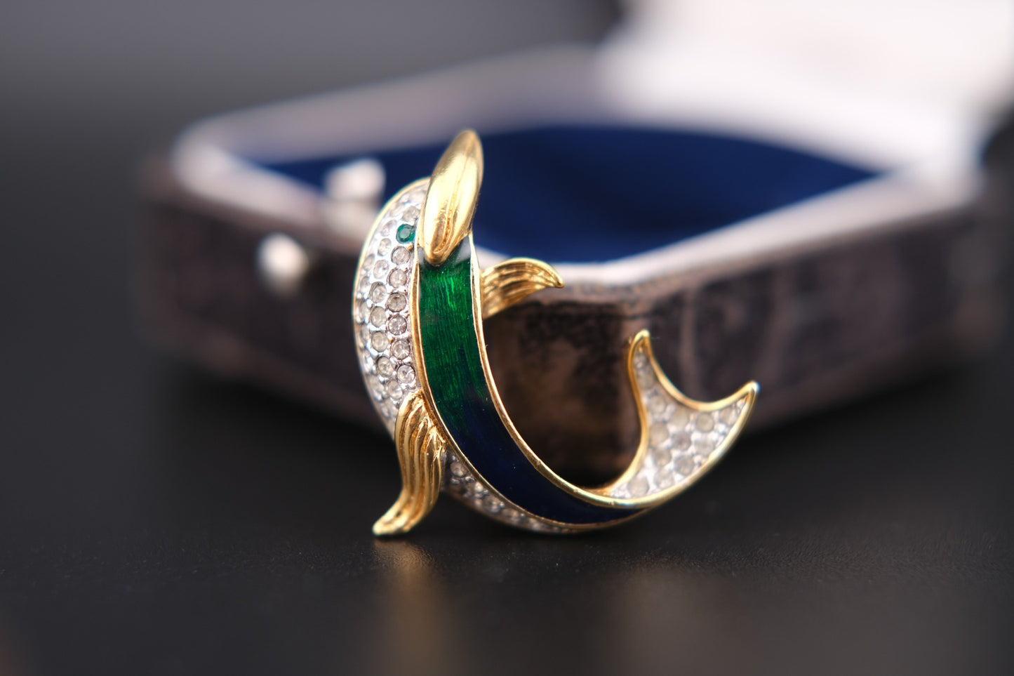Vintage Attwood & Sawyer Dolphin Brooch – Enamel & Crystal