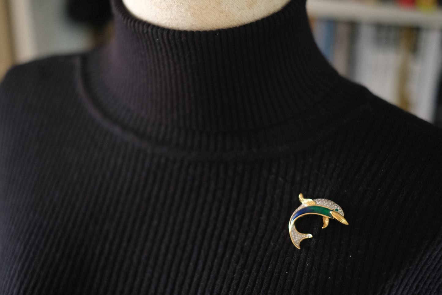 Vintage Attwood & Sawyer Dolphin Brooch – Enamel & Crystal