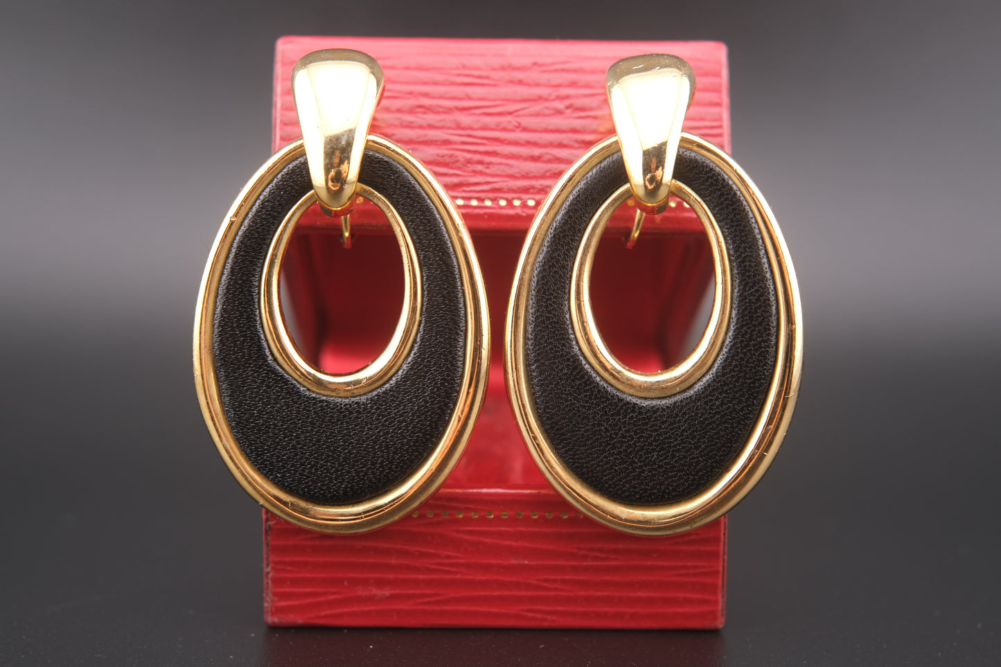 Vintage Hanae Mori Black Leather & Gold Oval Clip-On Earrings – 1980s Japanese Designer Jewelry