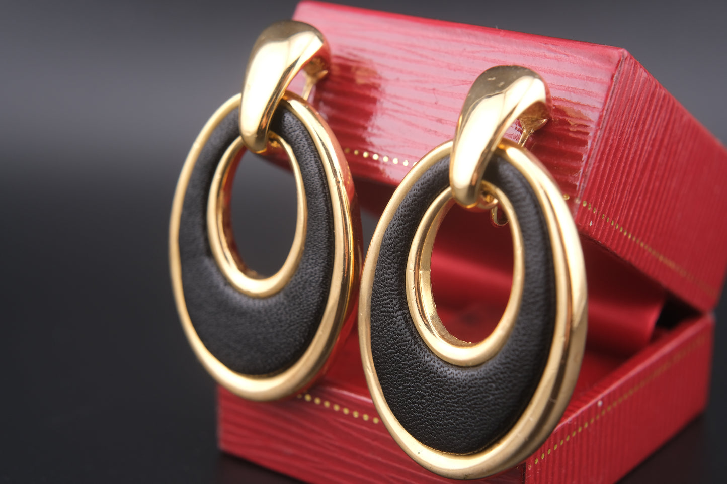 Vintage Hanae Mori Black Leather & Gold Oval Clip-On Earrings – 1980s Japanese Designer Jewelry
