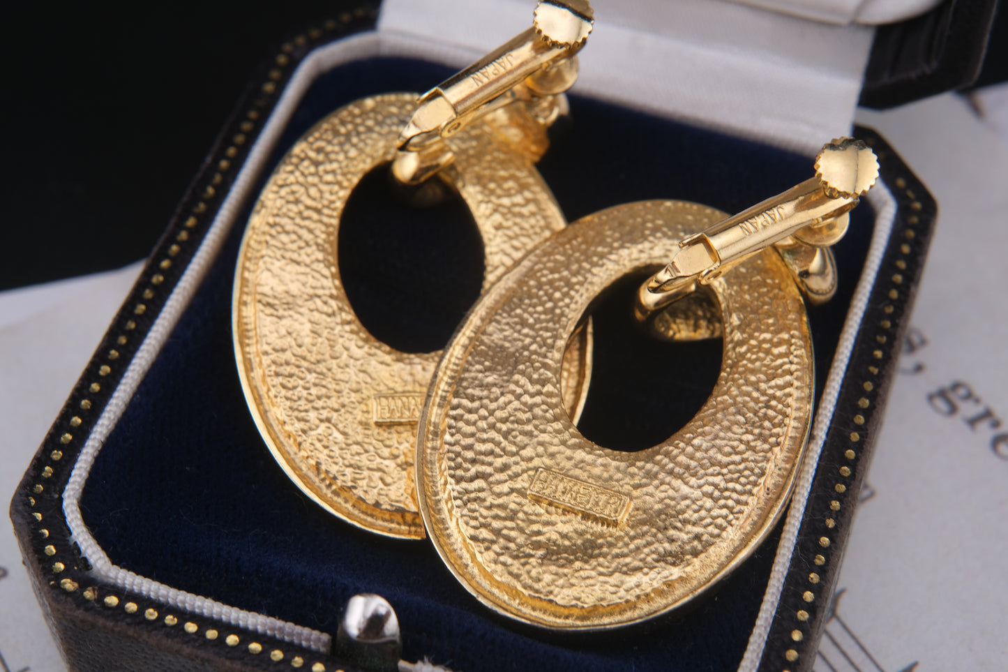 Vintage Hanae Mori Black Leather & Gold Oval Clip-On Earrings – 1980s Japanese Designer Jewelry
