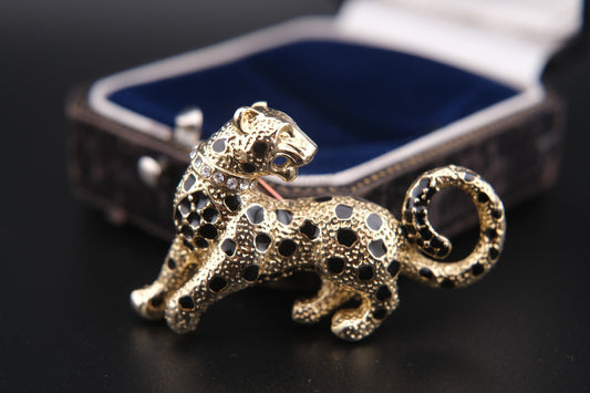 🐆 Vintage Attwood and Sawyer Leopard Brooch – Enamel & Rhinestone Collar | Signed A&S
