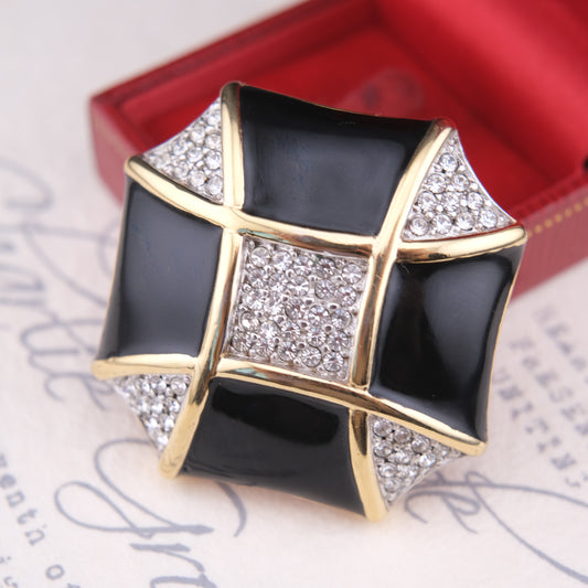 ❤️ Vintage Courrèges Paris Black Enamel & Crystal Sculptural Brooch