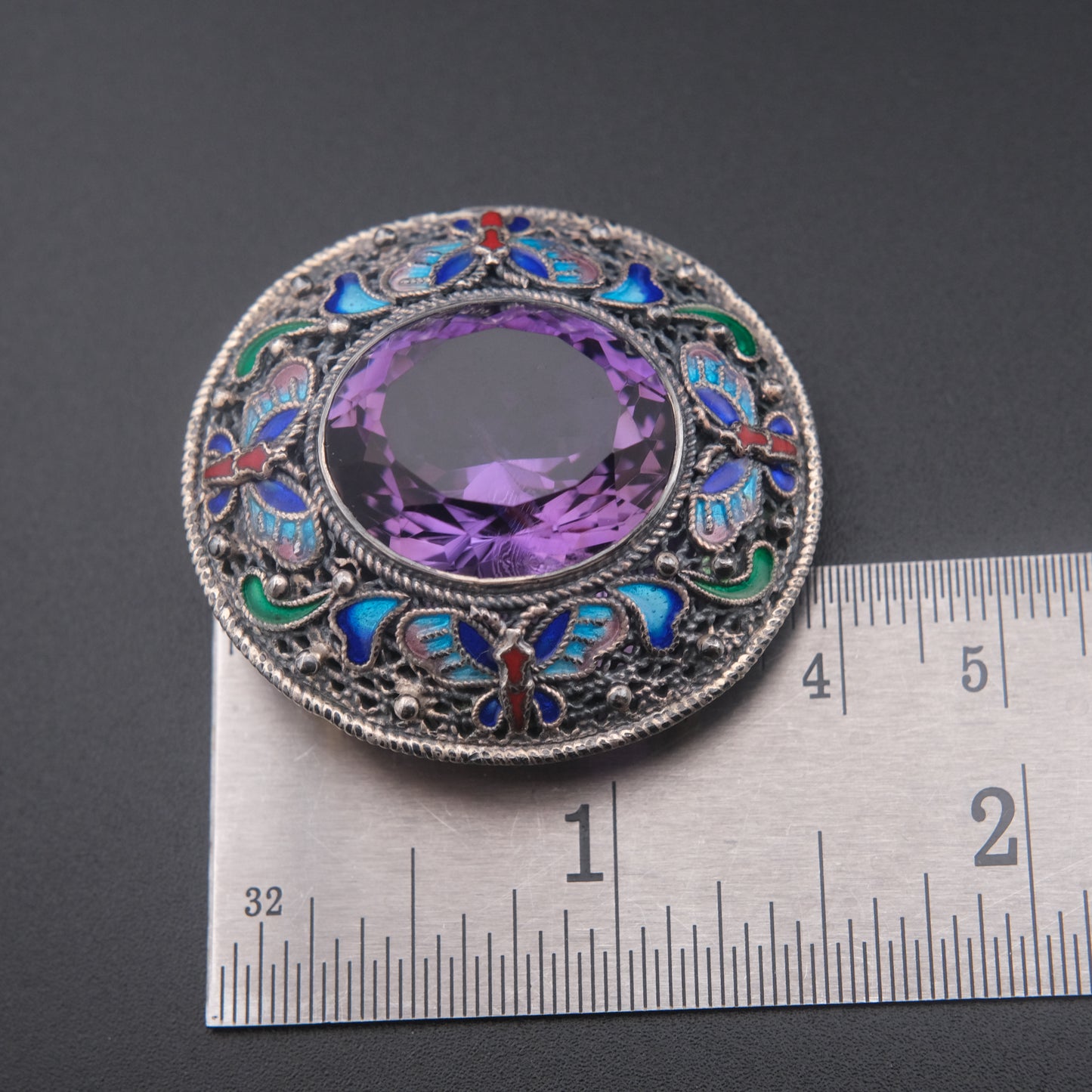 Chinese Export Amethyst Brooch – Silver Filigree with Enamel Butterflies