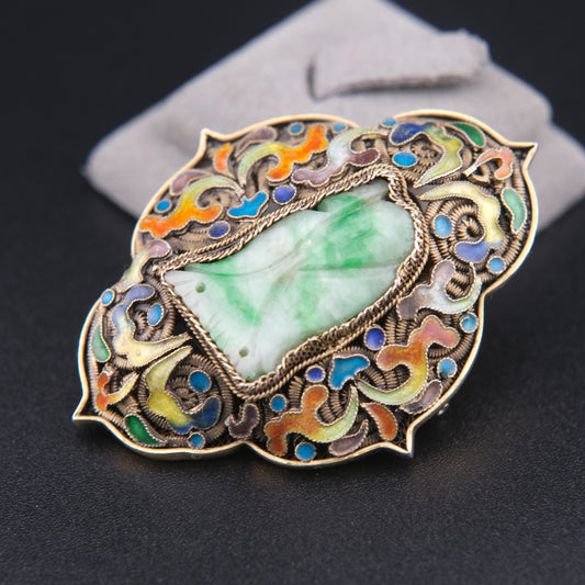 ❤️ Vintage Chinese Silver Filigree Enamel Jade Brooch 2" Green Stone