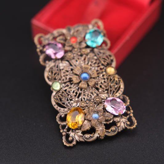 ❤️ Vintage Czechoslovakia Multicolor Filigree Floral Brooch – Czech Glass, Antique Gold Tone
