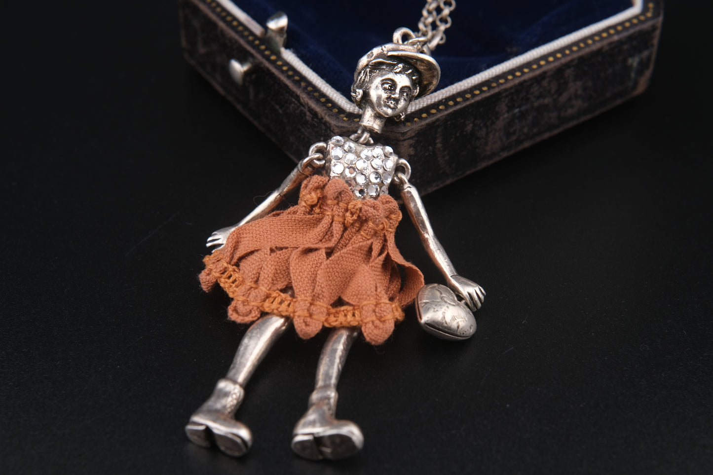 Servane Gaxotte Paris Articulated Doll Pendant Necklace – Silver-Tone with Orange Fabric Dress & Heart Charm