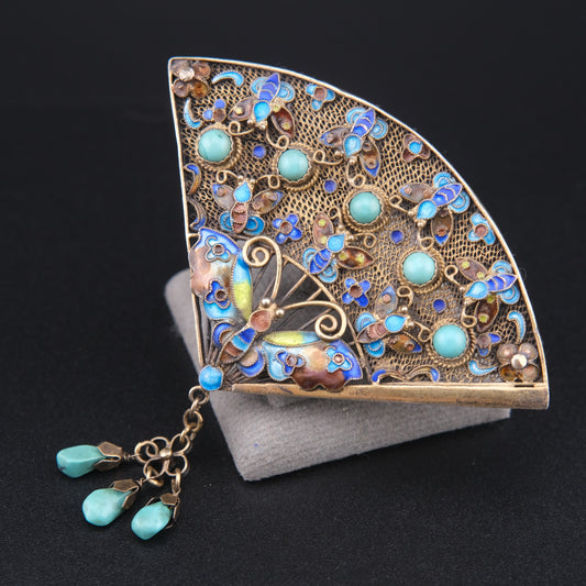 ❤️ Vintage Chinese Silver Filigree Fan Brooch Turquoise Enamel Butterfly Dangle