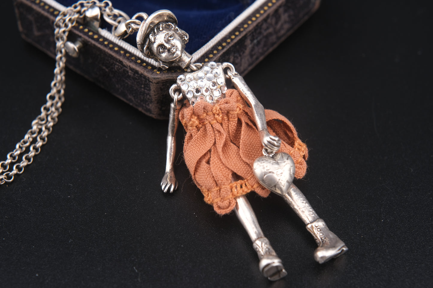 Servane Gaxotte Paris Articulated Doll Pendant Necklace – Silver-Tone with Orange Fabric Dress & Heart Charm
