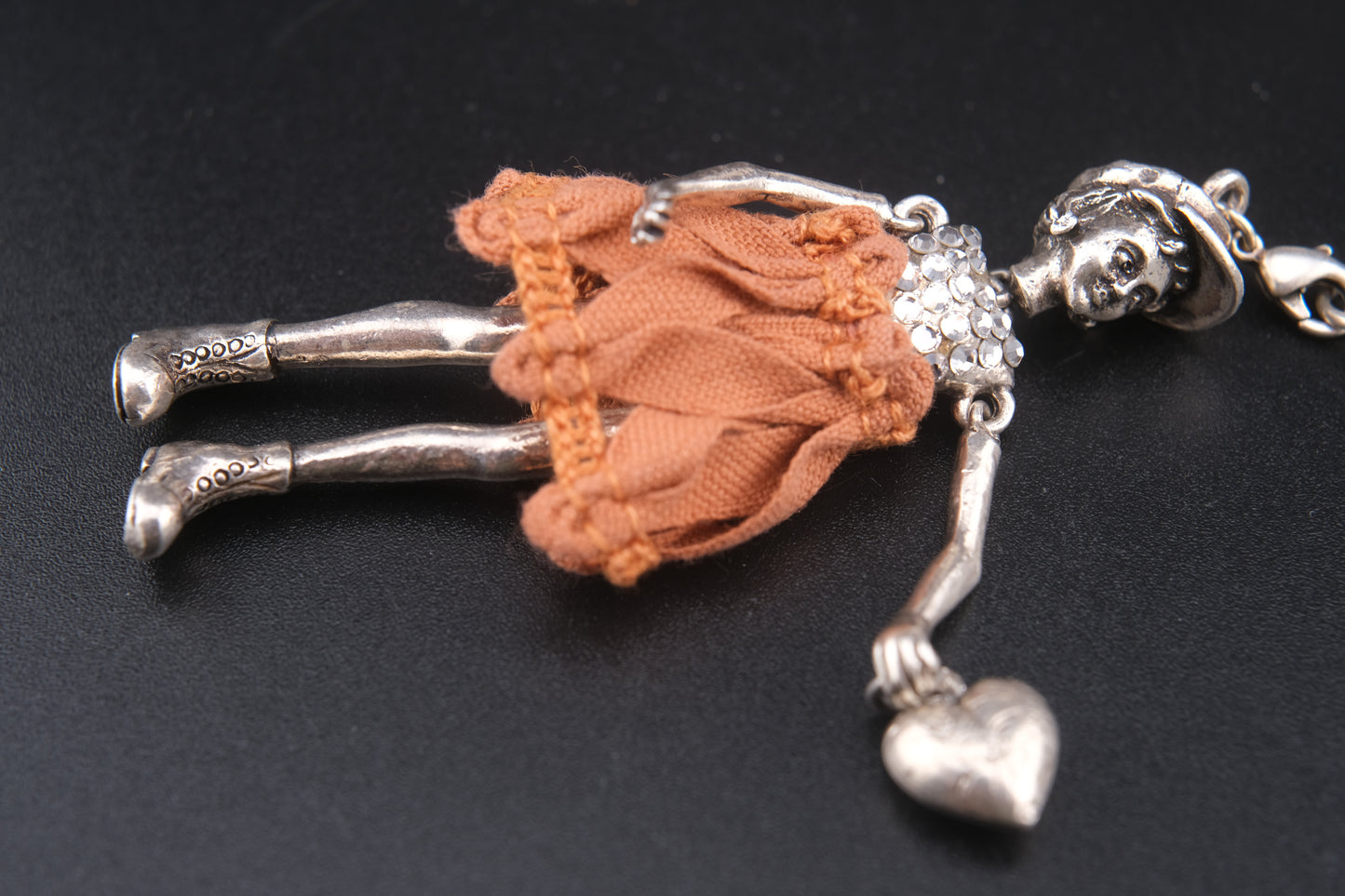 Servane Gaxotte Paris Articulated Doll Pendant Necklace – Silver-Tone with Orange Fabric Dress & Heart Charm