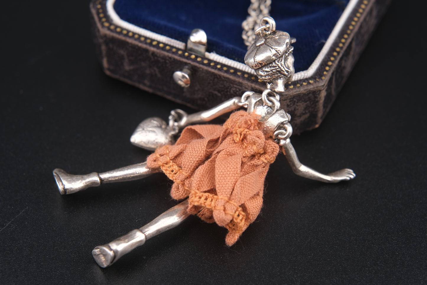 Servane Gaxotte Paris Articulated Doll Pendant Necklace – Silver-Tone with Orange Fabric Dress & Heart Charm