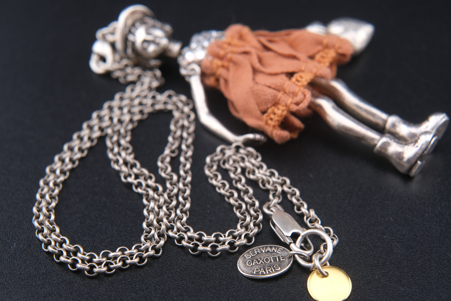 Servane Gaxotte Paris Articulated Doll Pendant Necklace – Silver-Tone with Orange Fabric Dress & Heart Charm