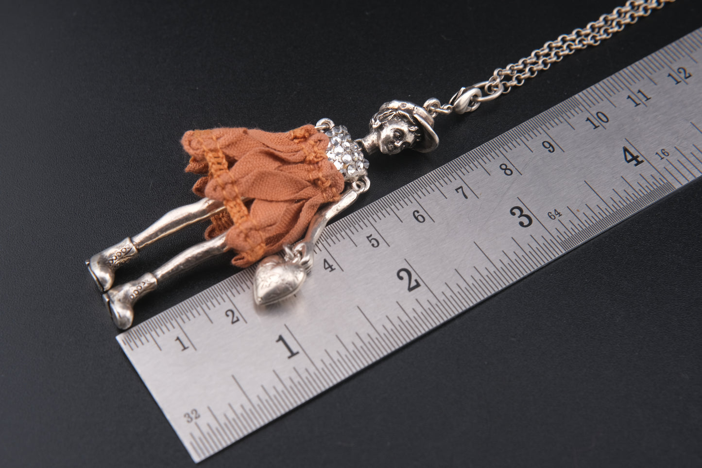 Servane Gaxotte Paris Articulated Doll Pendant Necklace – Silver-Tone with Orange Fabric Dress & Heart Charm
