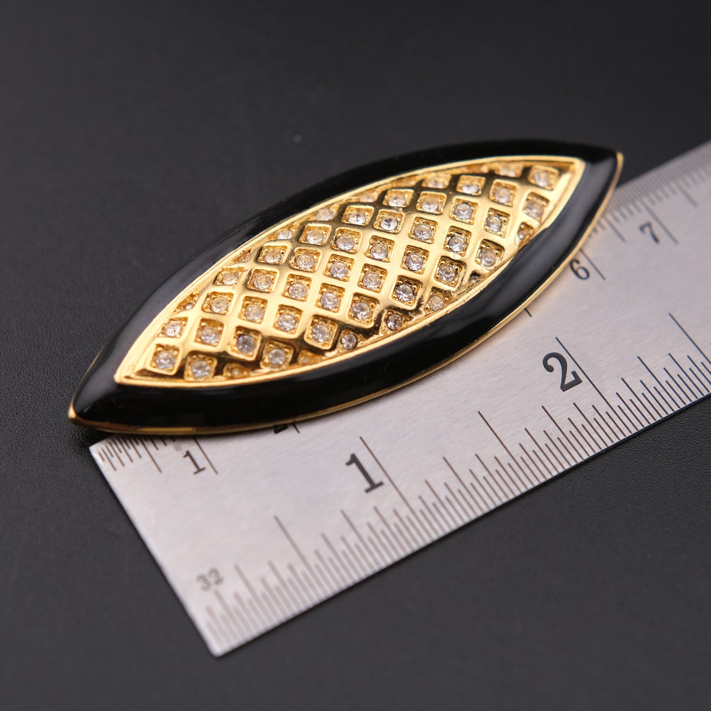 Vintage 1980s Monet Black Enamel Style & Rhinestone Navette Brooch Gold Tone 2.5”