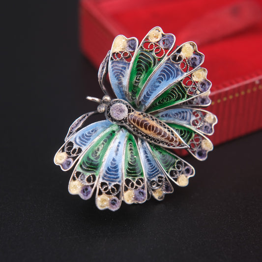 🦋 Vintage Enamel Filigree Butterfly Brooch – Multicolor on 800 Silver