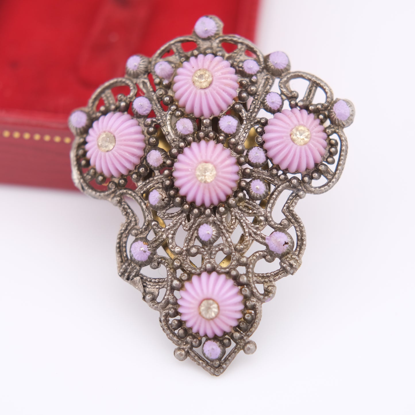 Vintage New England Glass Works Pink Floral Dress/Fur Clip