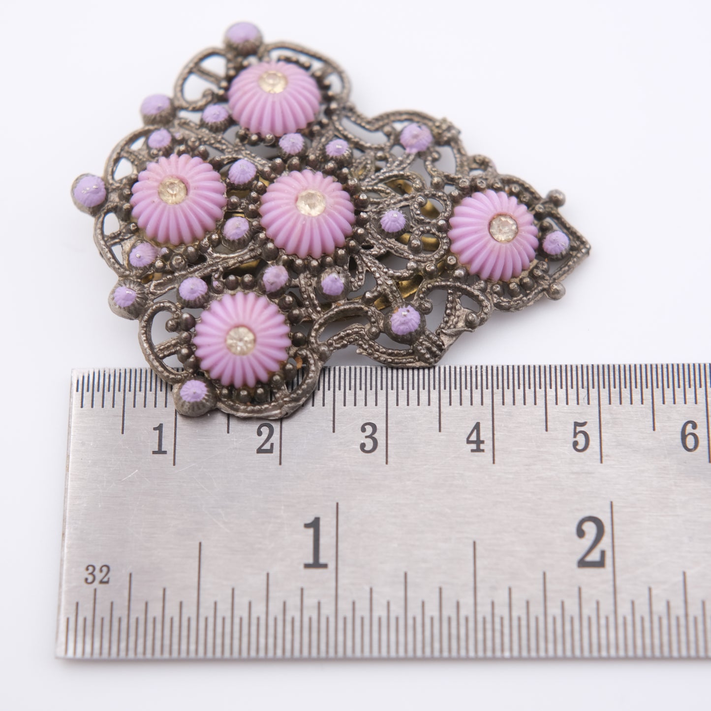 Vintage New England Glass Works Pink Floral Dress/Fur Clip