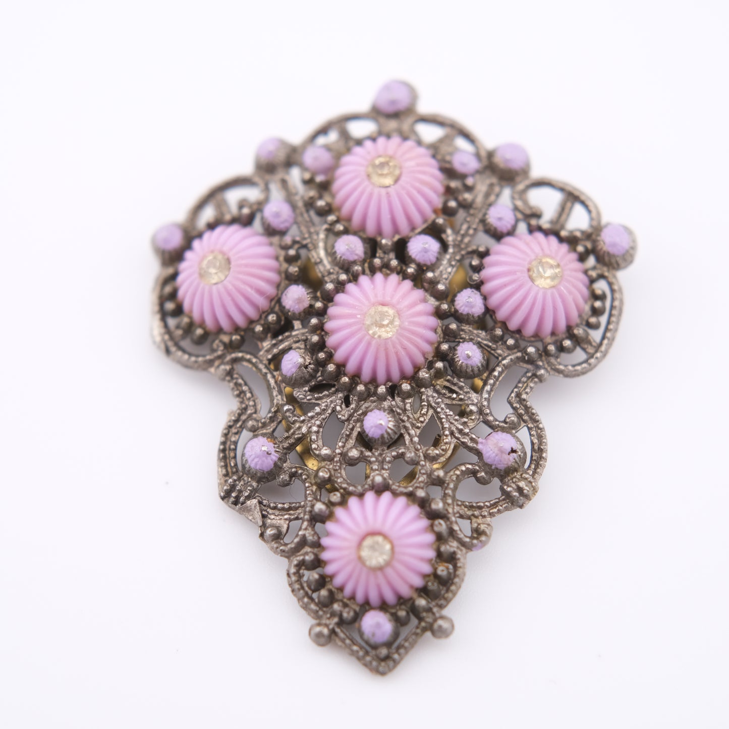 Vintage New England Glass Works Pink Floral Dress/Fur Clip