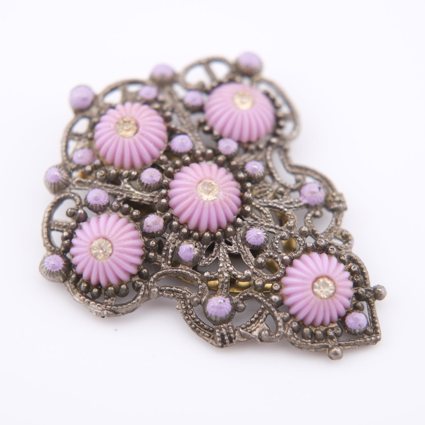 Vintage New England Glass Works Pink Floral Dress/Fur Clip