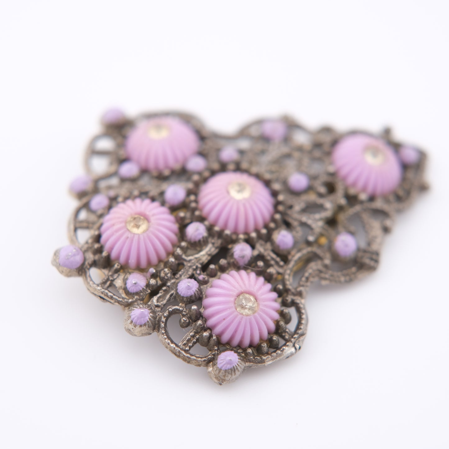 Vintage New England Glass Works Pink Floral Dress/Fur Clip