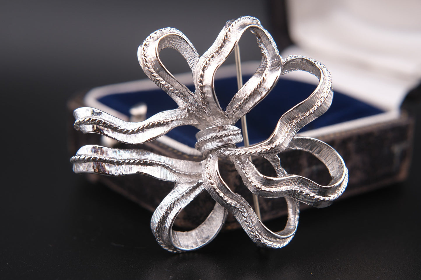 Vintage Monet Ribbon Bow Brooch – Silver-Tone Textured Finish