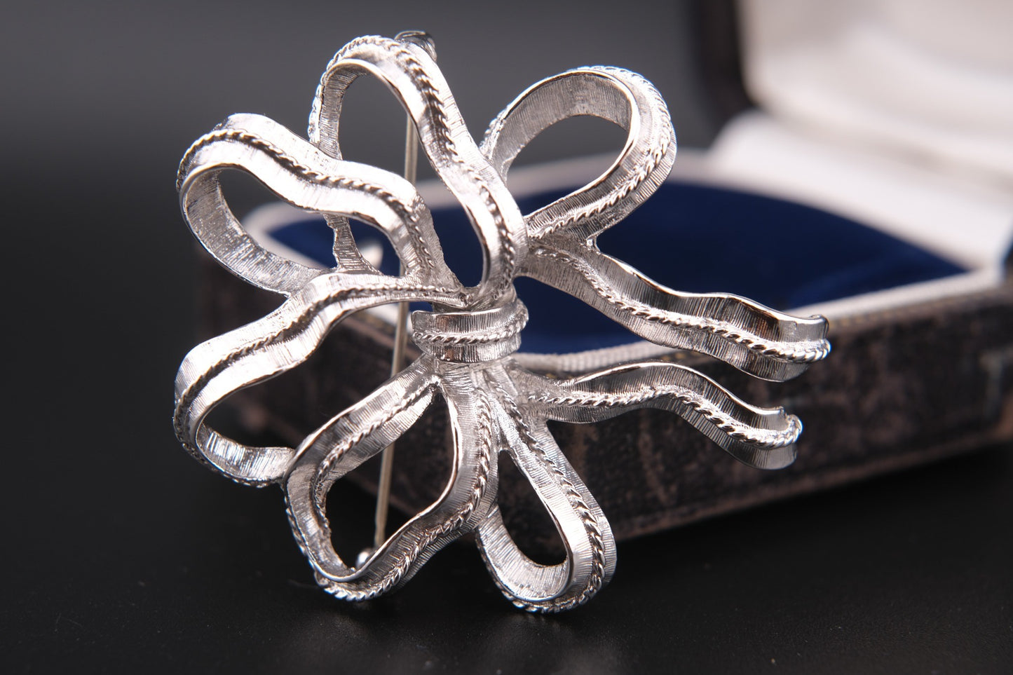 Vintage Monet Ribbon Bow Brooch – Silver-Tone Textured Finish