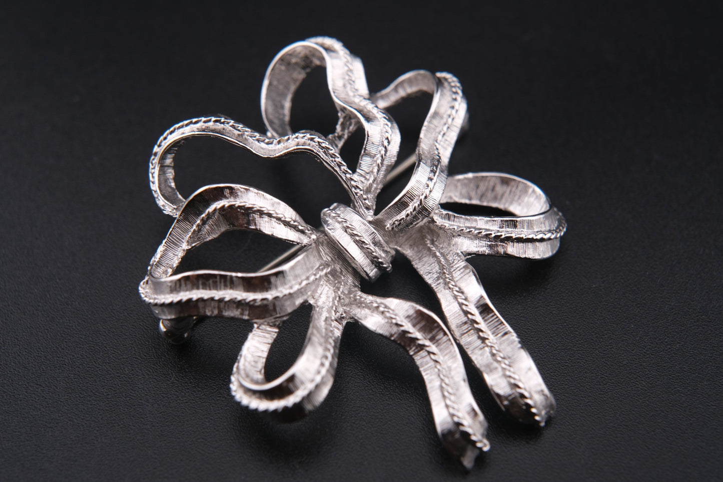 Vintage Monet Ribbon Bow Brooch – Silver-Tone Textured Finish
