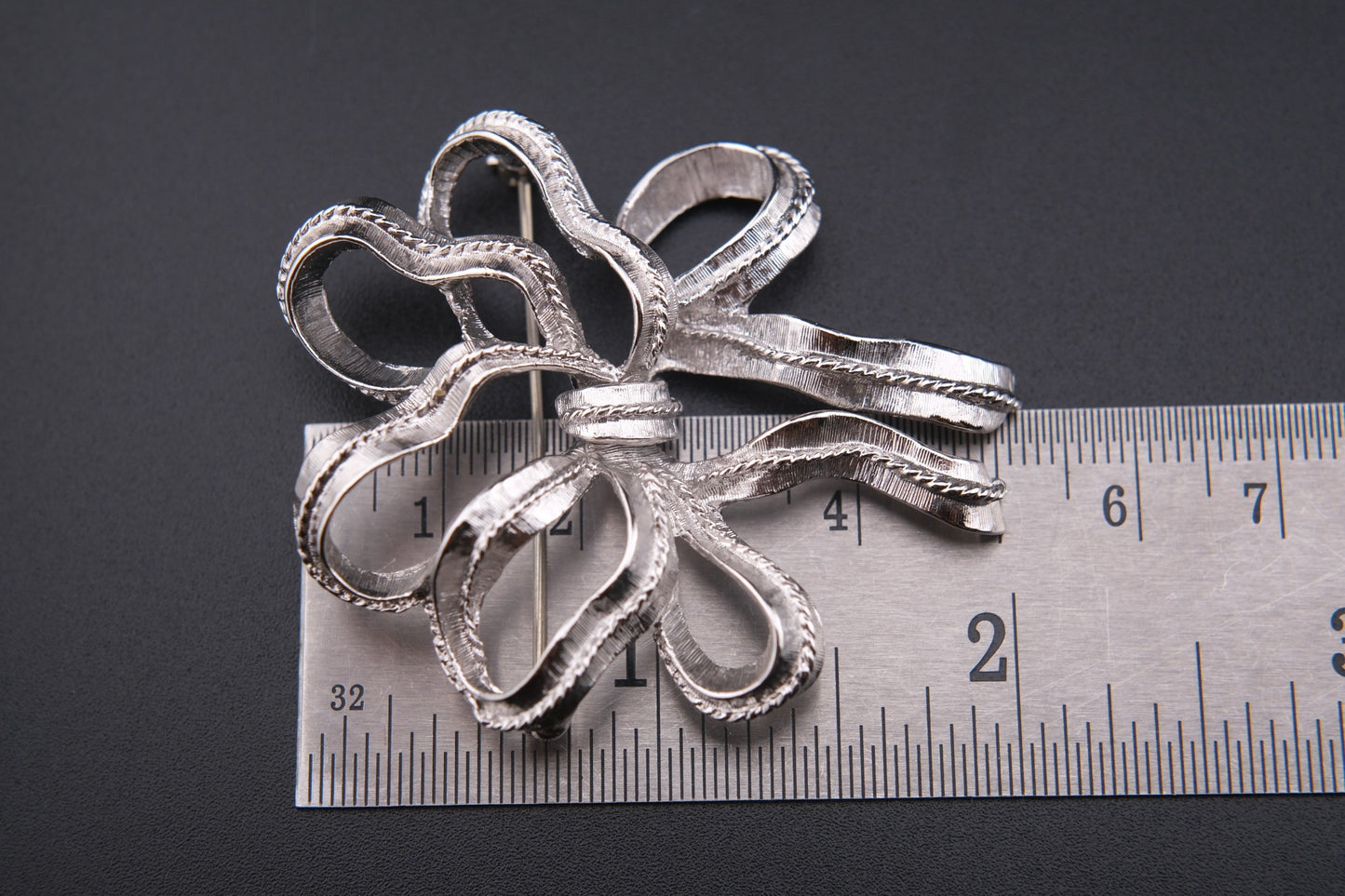 Vintage Monet Ribbon Bow Brooch – Silver-Tone Textured Finish
