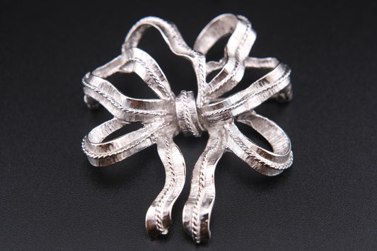 Vintage Monet Ribbon Bow Brooch – Silver-Tone Textured Finish