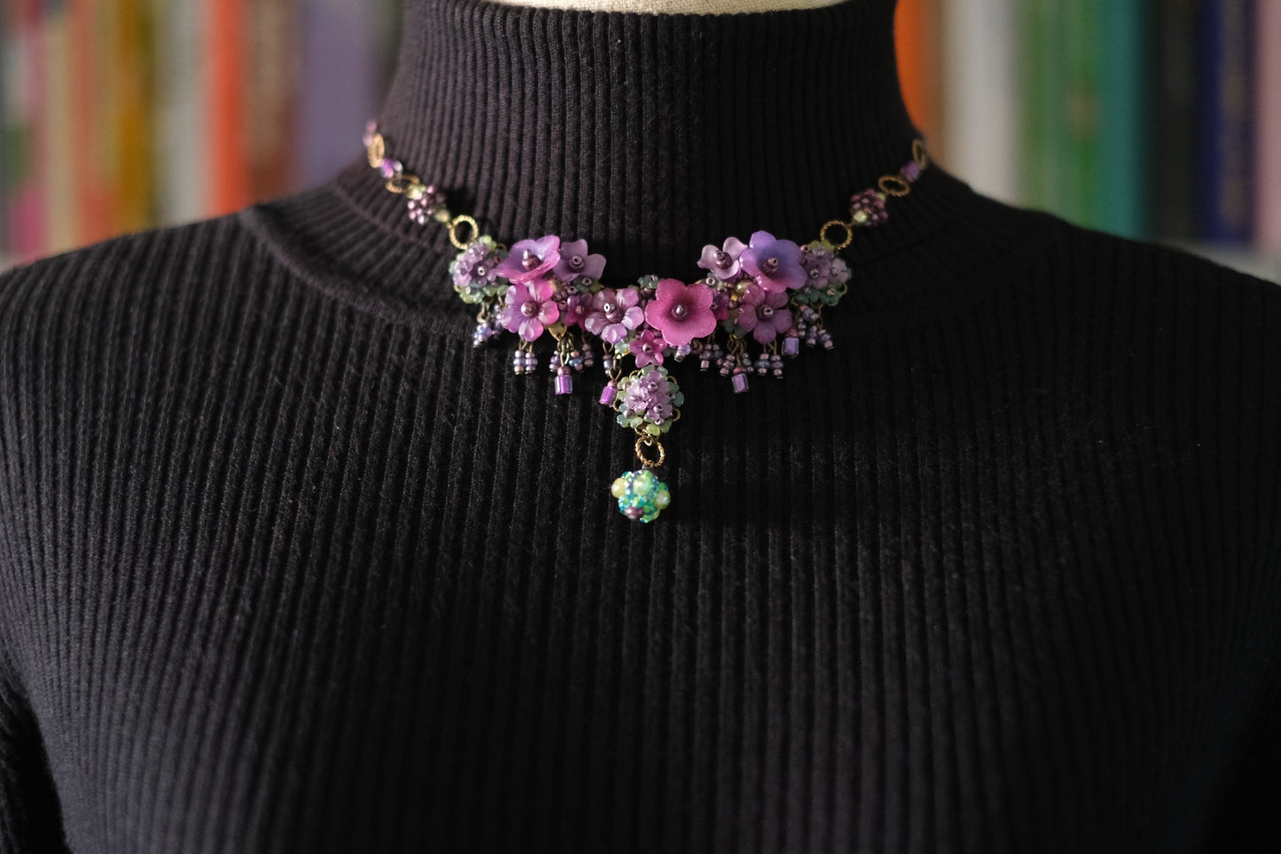 Colleen Toland Vintage Floral Necklace – Purple Pink Garden Statement