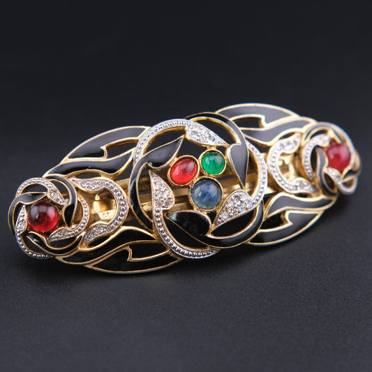 ❤️ Vintage French Black Enamel Rhinestone Hair Barrette with Cabochon Glass Accents